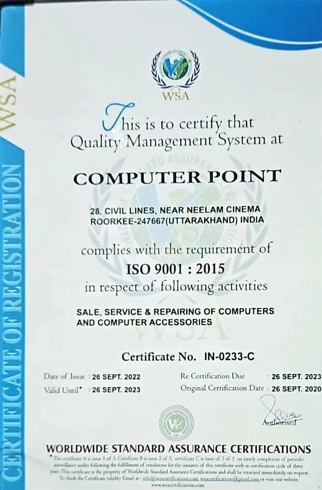 Computer Point ISO 9001:2015 Certificate of Registration issued by Worldwide Standard Assurance